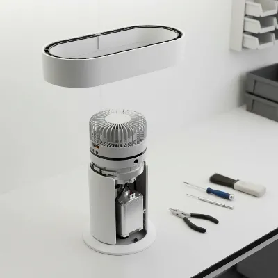 Bladeless tower fan disassembled, showing internal impeller and motor base for cleaning