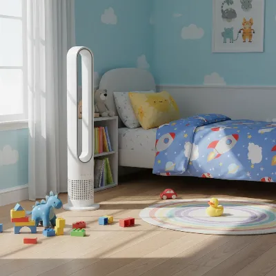 A modern bladeless tower fan standing safely in a child's brightly lit room, with toys and a bed in the background