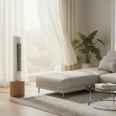 A Clean Tower Fan Providing Optimal Airflow in a Modern Room