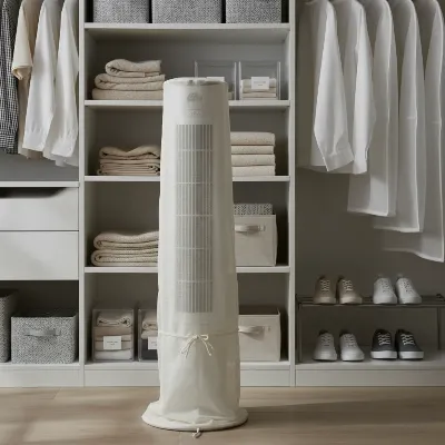 A clean, white tower fan covered with a dust cover and stored neatly in a closet, illustrating proper off-season storage.