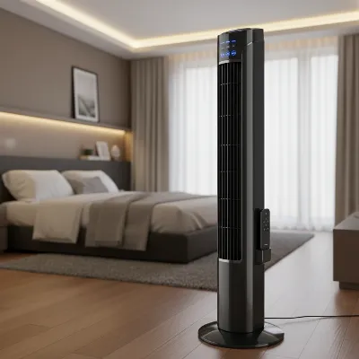 Honeywell QuietSet Whole Room Tower Fan HYF290B showcasing its sleek design, easy-to-use control panel with dimming feature, and remote control in a modern bedroom setting
