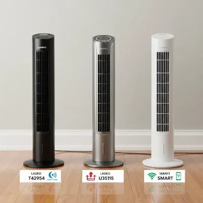 A side-by-side comparison of three distinct Lasko tower fan models, highlighting their design differences and key features in a clean studio environment.