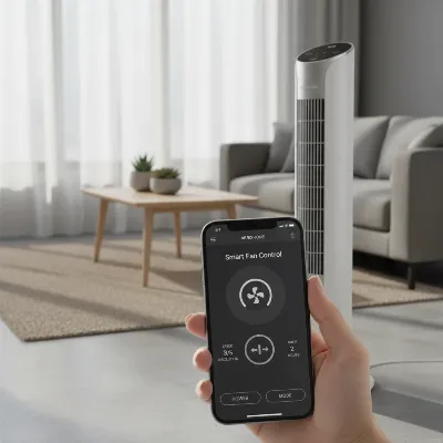 Smart home tower fan with smartphone control, modern living room background