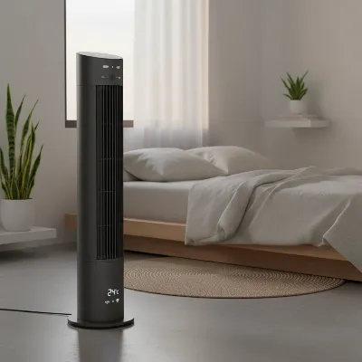 A sleek, modern smart WiFi tower fan operating quietly in a contemporary bedroom environment, with soft lighting and minimalist decor.