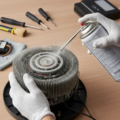 A person cleaning the internal components of a tower fan with compressed air, highlighting the importance of maintenance. The fan casing is open, revealing the dusty interior.