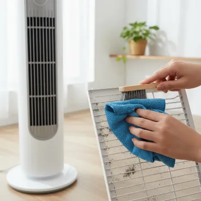 Person cleaning a tower fan, showing removable grille with dust, bright room