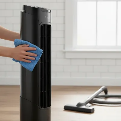 A person demonstrating how to clean a tower fan, showing steps like wiping the exterior and using a vacuum attachment on the vents.