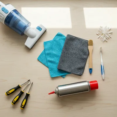 Essential tools for safely cleaning a dusty tower fan at home, including microfiber cloths, brushes, vacuum, compressed air, and screwdrivers, laid out on a clean surface in a well-lit home environment.