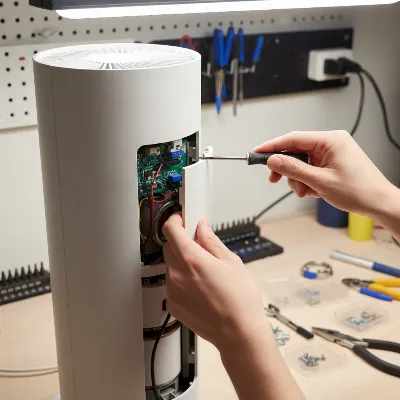 Disassembling a tower fan's outer casing to reveal internal parts.
