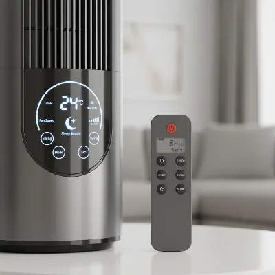 A close-up shot of a modern tower fan's control panel and a remote control highlighting sleep mode and timer functions.