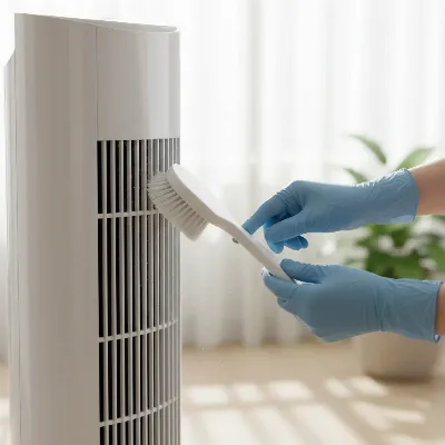 A person cleaning the grille of a modern tower fan with a soft brush, emphasizing easy maintenance.