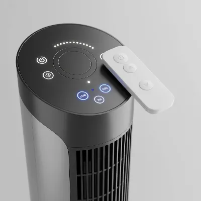 Close-up of the Vornado OSCR37's intuitive control panel and its sleek remote control, highlighting user-friendly features.