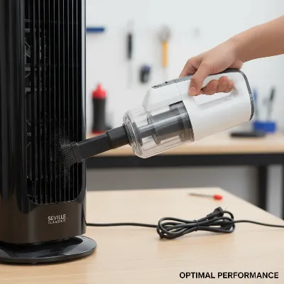 A hand using a vacuum cleaner with a brush attachment to clean the air vents of a Seville Classics UltraSlimline tower fan, demonstrating proper maintenance.