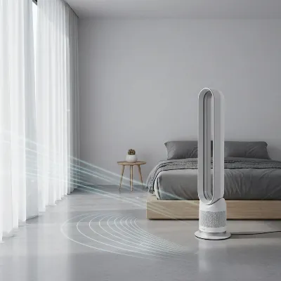 A Dyson Cool AM07 Tower Fan in a modern, minimalistic bedroom, illustrating smooth air circulation and effective cooling across the room.