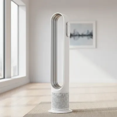 Dyson Cool AM07 Tower Fan with its magnetic remote control attached, showcasing its sleek design.