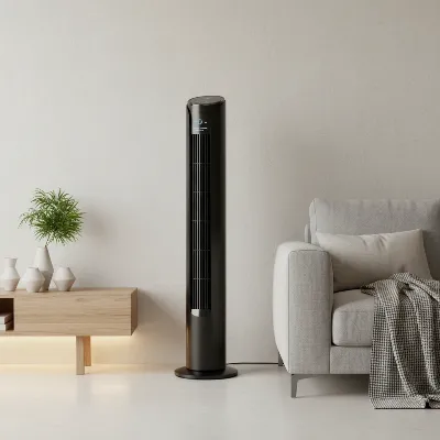 Ozeri Ultra Wind Fan's sleek, modern design in a minimalist living room, showcasing its slim profile and unobtrusive aesthetic.