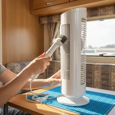 Portable tower fan being cleaned in an RV setting, demonstrating maintenance.