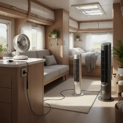 Three portable tower fans for RVs, illustrating different sizes and power options.