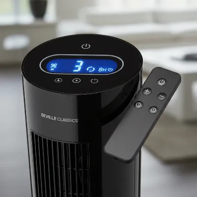 Close-up of the Seville Classics UltraSlimline tower fan's LED display and the included remote control, highlighting its user-friendly interface and various settings.