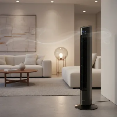A sleek, black Seville Classics UltraSlimline tower fan positioned in a modern living room corner, oscillating gently, with a warm ambient light.