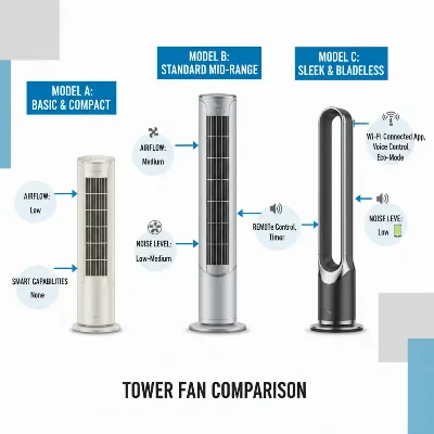 An illustrative comparison of different tower fan models highlighting their features and performance metrics.